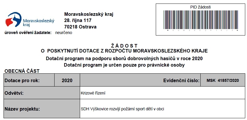 Dotace z rozpočtu Moravskoslezského kraje - program Podpora dobrovolných hasičů v roce 2020