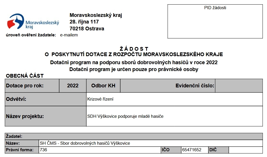Dotace z rozpočtu Moravskoslezského kraje - program Podpora dobrovolných hasičů v roce 2022