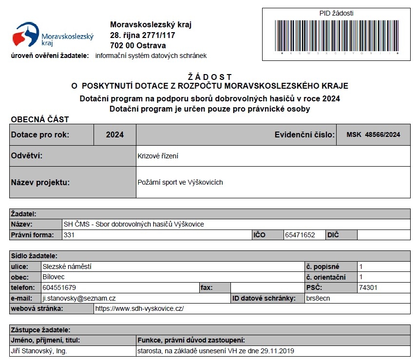 Dotace z rozpočtu Moravskoslezského kraje - program Podpora dobrovolných hasičů v roce 2024